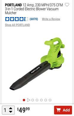 PORTLAND 12 Amp, 230 MPH/375 CFM 3-in-1 Corded Electric Blower Vacuum Mulcher Cost 55$ at the store. Used once. Like new. Very strong!