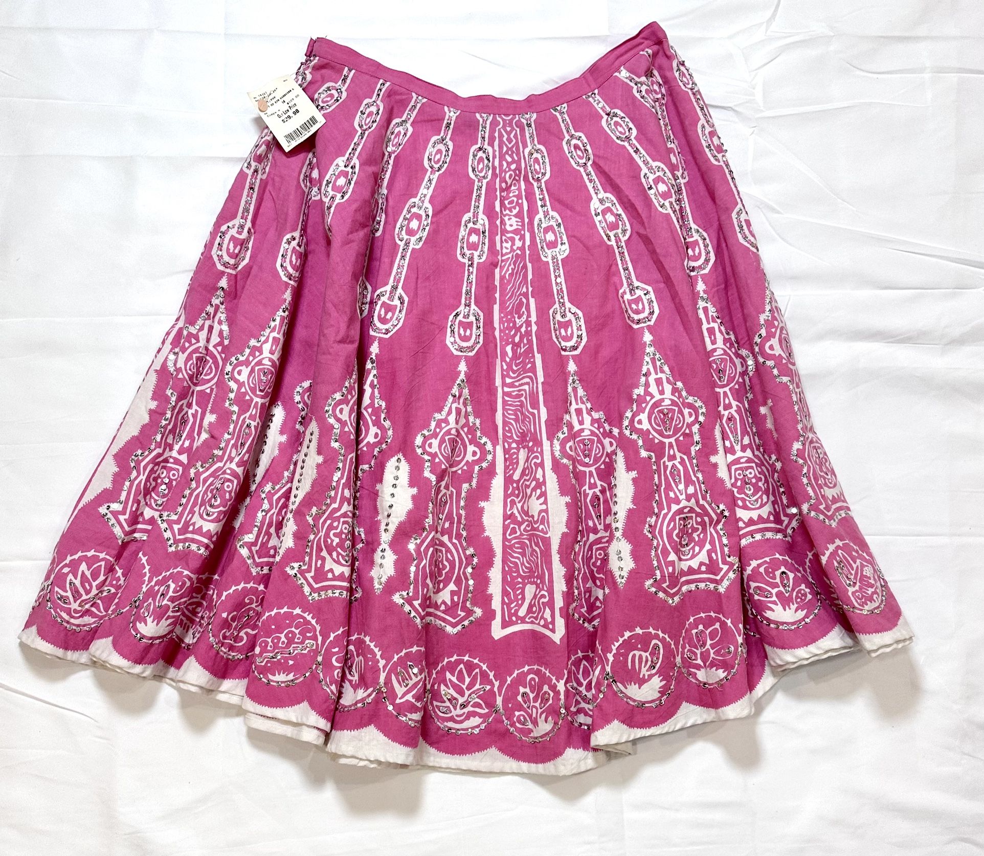 Vtg Mix Nouveau NWT Swing Skirt Pink W Silver Sequins Size 10 Cotton Beautiful