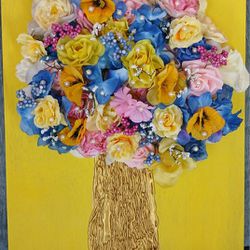 Blue PInk Yellow Florals Gold Tree.