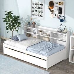 NEW White Twin Size 1-Piece Wood Frame Top Platform Bed with Side Bookcase and 2-Drawers