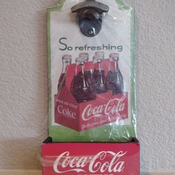 New "So Refreshing Coca-Cola In Bottles" Coke Wall Mount Sign with Bottle Cap Opener & Cap Holder Tray