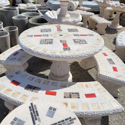 Concrete Mosaic Picnic Table with 3 Benches/ Outdoor Patio Furniture