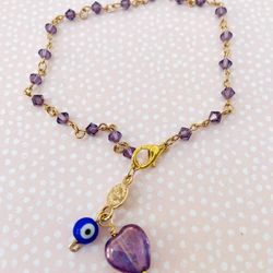 Anklet Crystal Chain Handmade Beaded Purple Heart Evil Eye Crystals