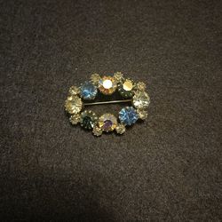 Vintage AB Blue And Clear Circle Wreath Brooch