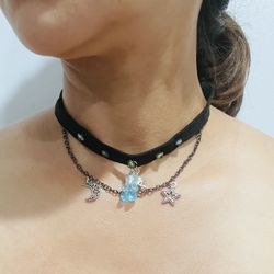 Gothic Playful Baddie Choker With Chain And Gummy Bear Crystal Pendants, Costume Jewelry For Women. Handmade 