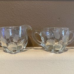 Antique etched sugar bowl & creamer