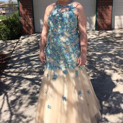 Prom Dress  16w- Mermaid-Nude With Blue Green Embellishments 