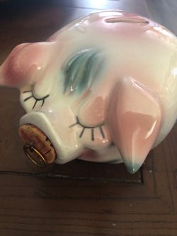 Green and pink with white Ceramic Bank Corky Pig 1957 H P Co