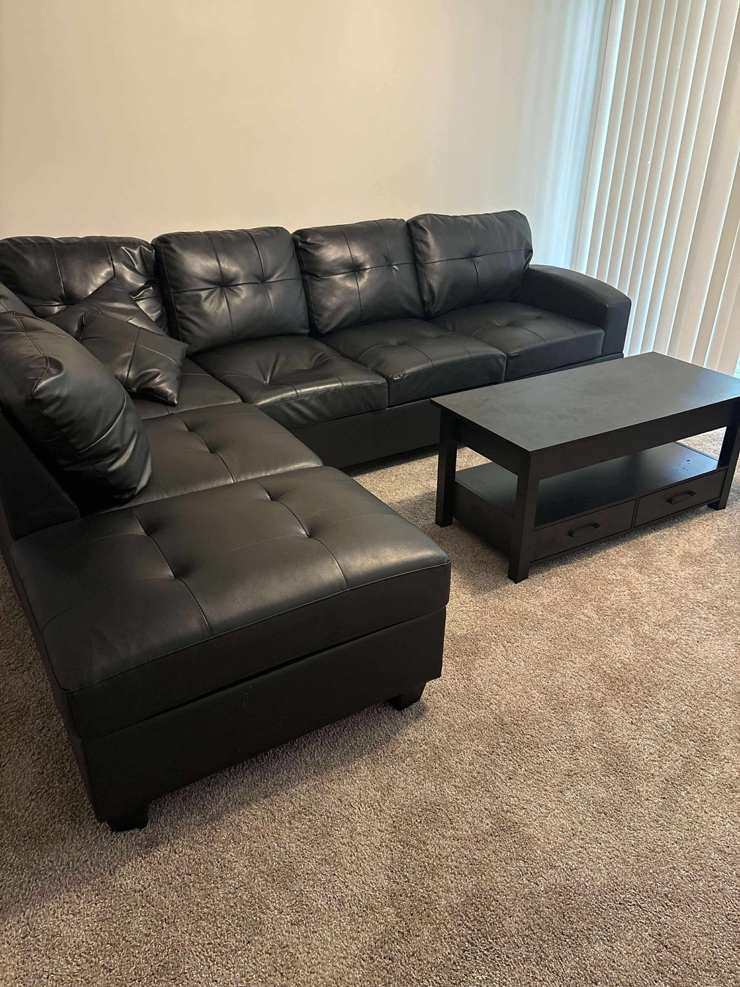 Black Leather Sofa & Table