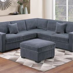 GREY 99x99 SECTIONAL WITH USB CHARGER. OTTOMAN INCLUDED 