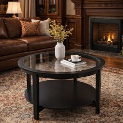 36” Round Glass Top Solid Wood Storage Coffee Table, Black  [NEW] **Assembly Req** 