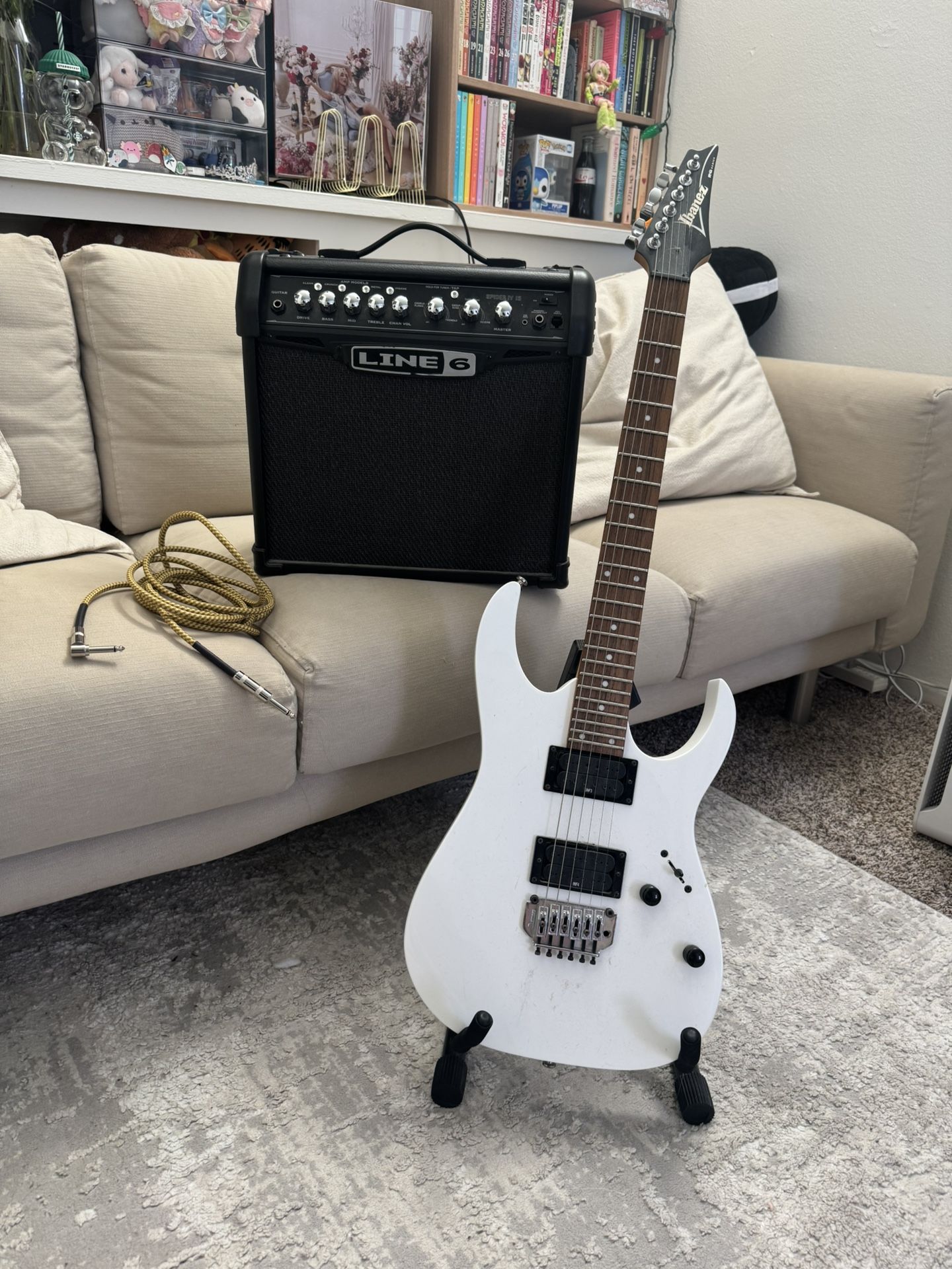 Ibanez RG2420 white electric guitar and amp, cord, and stand 