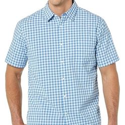 Men's blue and white gingham short sleeve shirt - Size Large