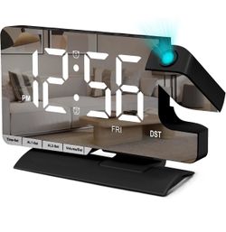 Projection Alarm Clock with Dual Alarms,Mirror Alarm Clock Bedside 180°Rotating LED Projector,6-Level Dimmer,USB & Type-C Charging,5 Levels Volume,Sma