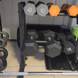Assorted Dumbells + Rack + Kettle Bells 