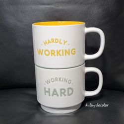 Set of 2 Funny Coffee Mugs Hardly Working & Working Hard White Stackable Cups