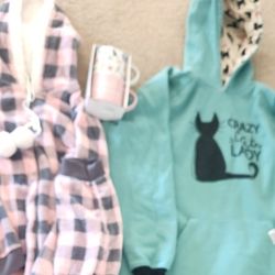 Crazy Cat Lady Robe, 2 PJ'S, 2 New Kitty Cups All For $15.