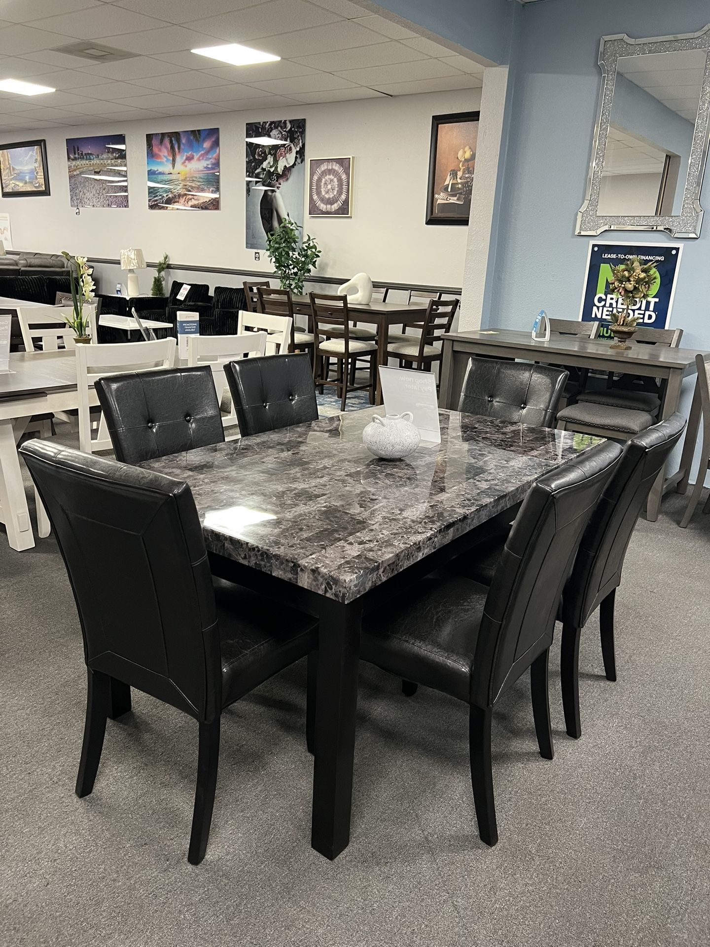 7PC Black Marble Dining Table Set