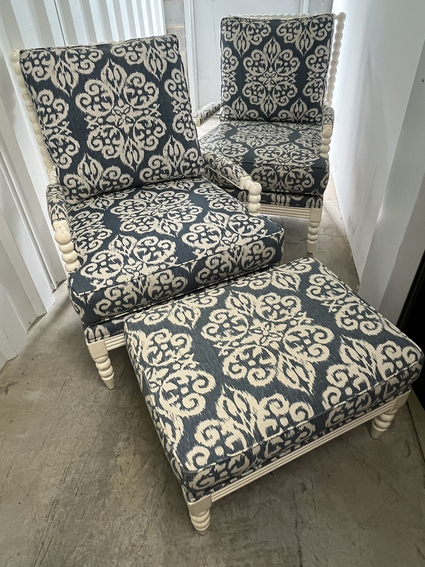 Pair of Stunning Ethan Allen Custom Brant Spindle Chairs and Matching Ottoman