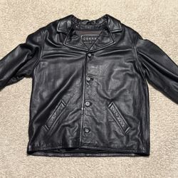Vintage Guess Mens Leather Jacket Blazer Size L Black Button Front Collar