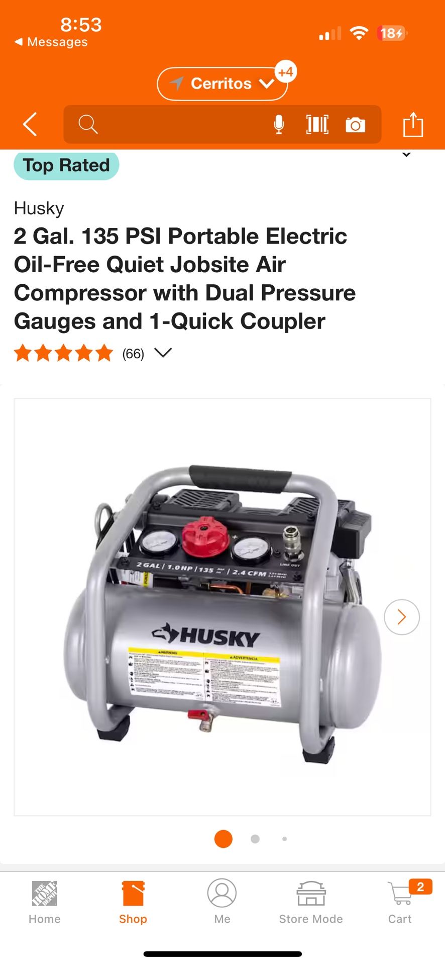 Husky 2 Gal. 135 PSI Portable Electric Oil-Free Quiet Jobsite Air Compressor with Dual Pressure Gauges and 1-Quick Coupler