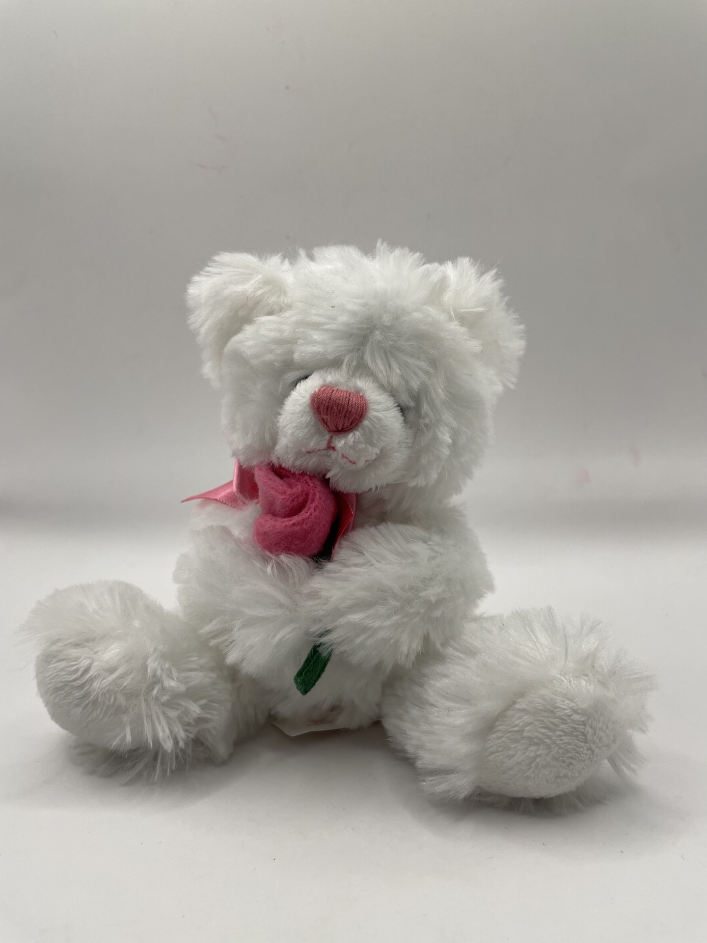 Rosalee Bear- white fuzzy bear holding rose flower- with pink bow- plush