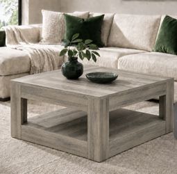 Brand New in box 31.5” Large Square Farmhouse Coffee Table with Storage Shelf – Gray Wood
