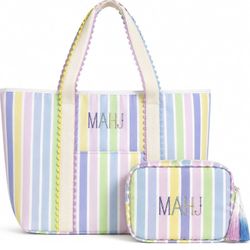 Mahjong Striped Tote Bag and Pouch Set. New