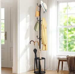 Coat Rack Freestanding, Black Coat Rack with Umbrella Holder, standing hat rack umbrella stand for entryway, coat hanger stand with 12 Hooks, office c