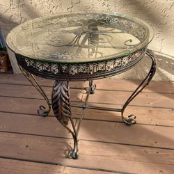 Round Glass Top Side Table With Palm Tree Accents, Metal Framed 