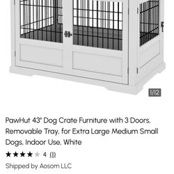 43" Dog Crate Furniture with 3 Doors, Removable Tray, for Extra Large Medium Small Pets, Indoor Use,