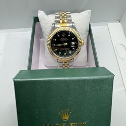Brand New Automatic Movement  Black Face / Gold Bezel / 2 Tone Band Designer Watch With Box! 