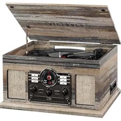 Victrola Quincy 6-in-1 Music Center Shiplap Grey Bluetooth CD Cassette