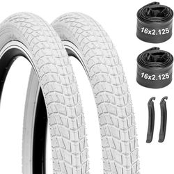Bike Tires 16x2.125/20x2.125 2-Pack with Tubes & Levers - Compatible with Kids Bike, BMX, MTB, Mountain Bicycle - White/Cream Design, Thick Rubber, Pu
