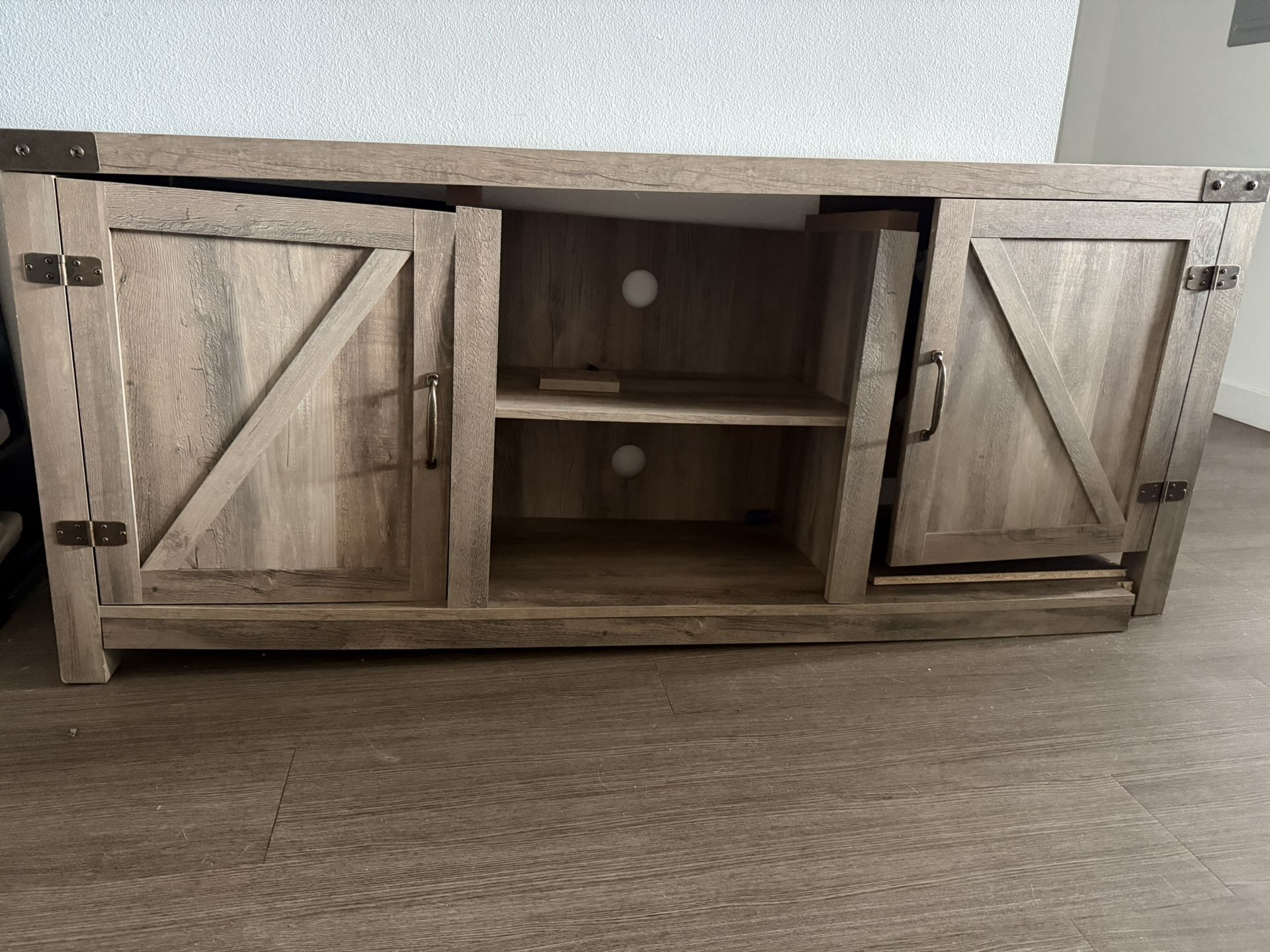 It's falling apart but still cute! Washed Gray Rustic Farmhouse Storage Cabinet TV Stand