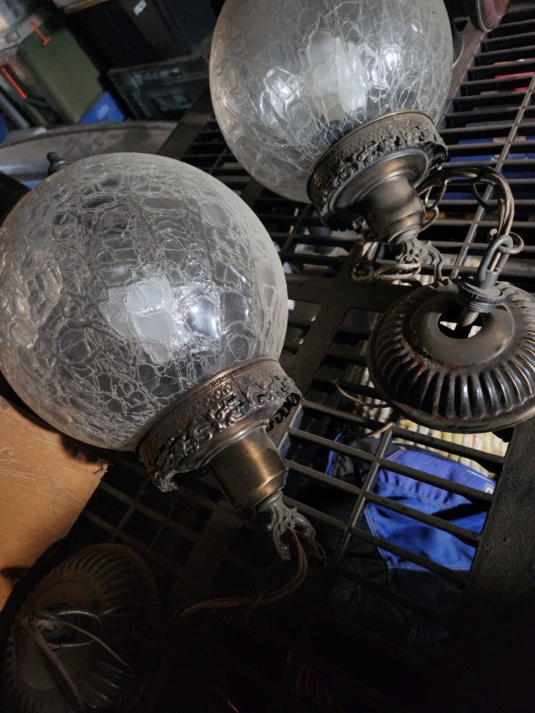 2 Vintage Troy Lighting Hanging Glass Globe Lamps 