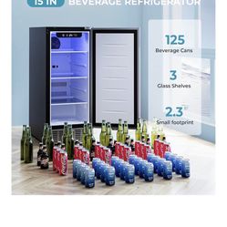 15 Inch Under Counter Beverage Refrigerator, 125 Can Beverage Fridge with Stainless Steel Door for Beer Wine Soda, Beverage Cooler Built-in and Drink 