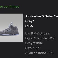 Jordan 5 wolf grey size 4.5 youth