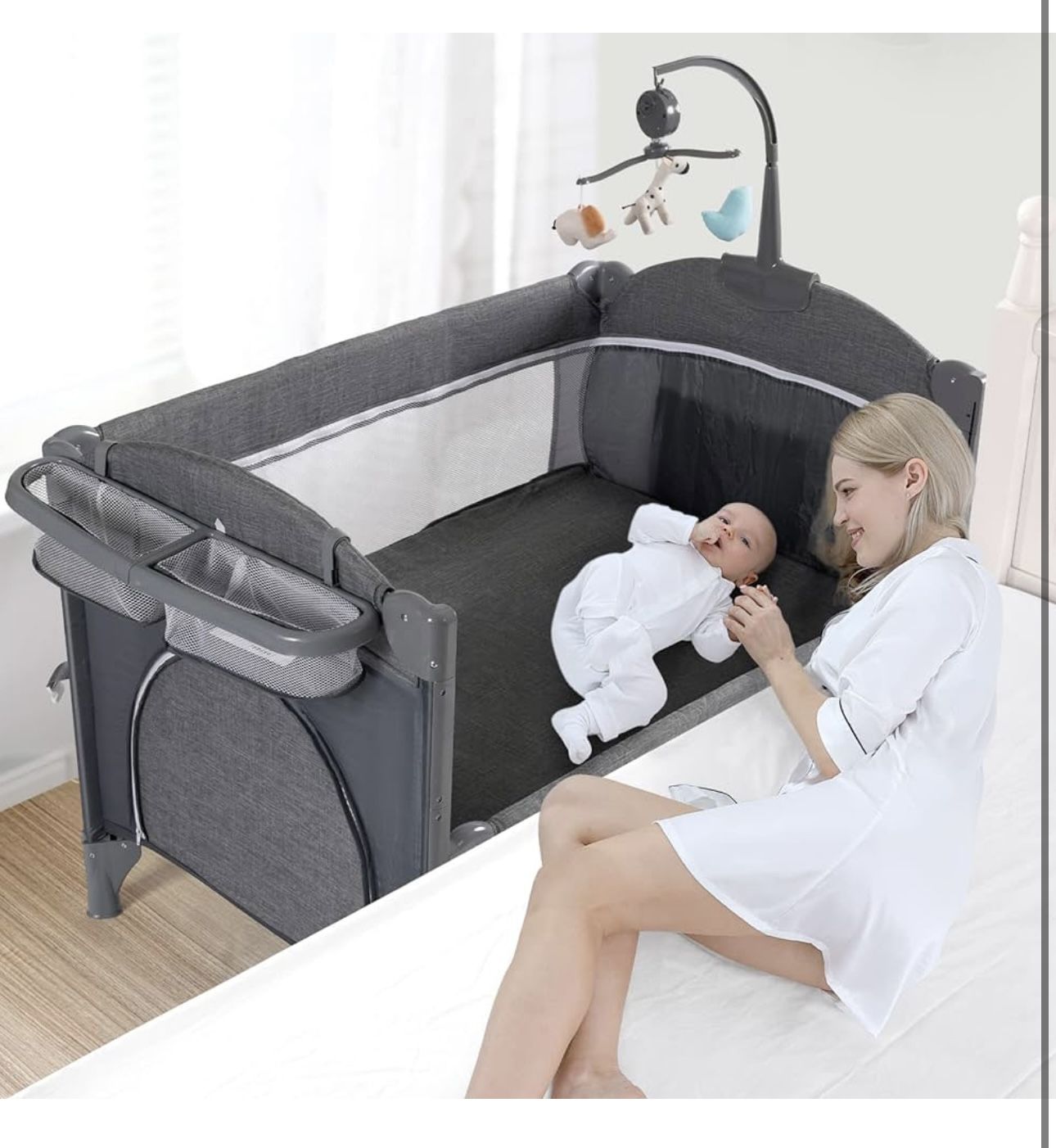 5 In 1 Baby Bassinet Bedside Sleeper Baby Crib Pack and Play with Bassinet and Changing Table, Portable Travel Baby Playpen with Bassinet Toys & Music