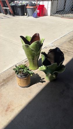 Green Ceramic Leaf Vase Planters Set of 2 and small planter