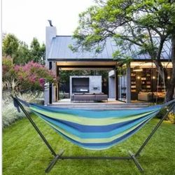 Double Brazilian Cotton Hammock with Space Saving Steel Stand - Blue