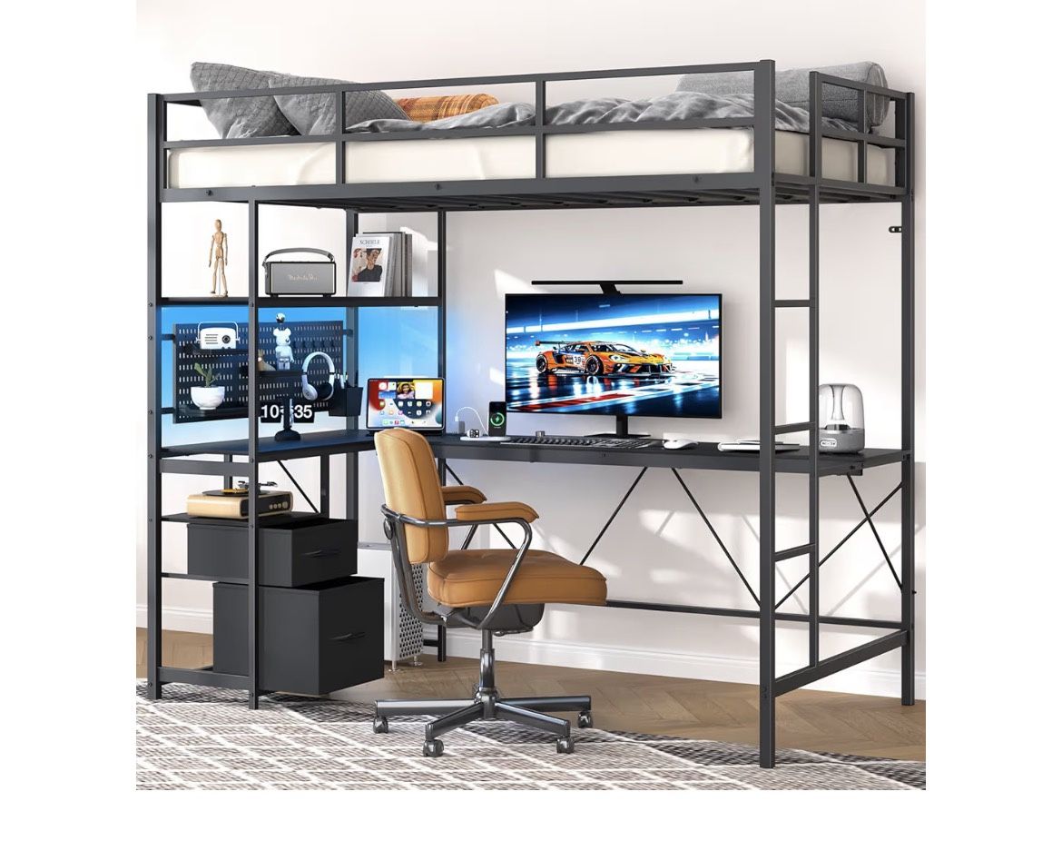 Metal Twin Loft Bed with L-Shaped Desk