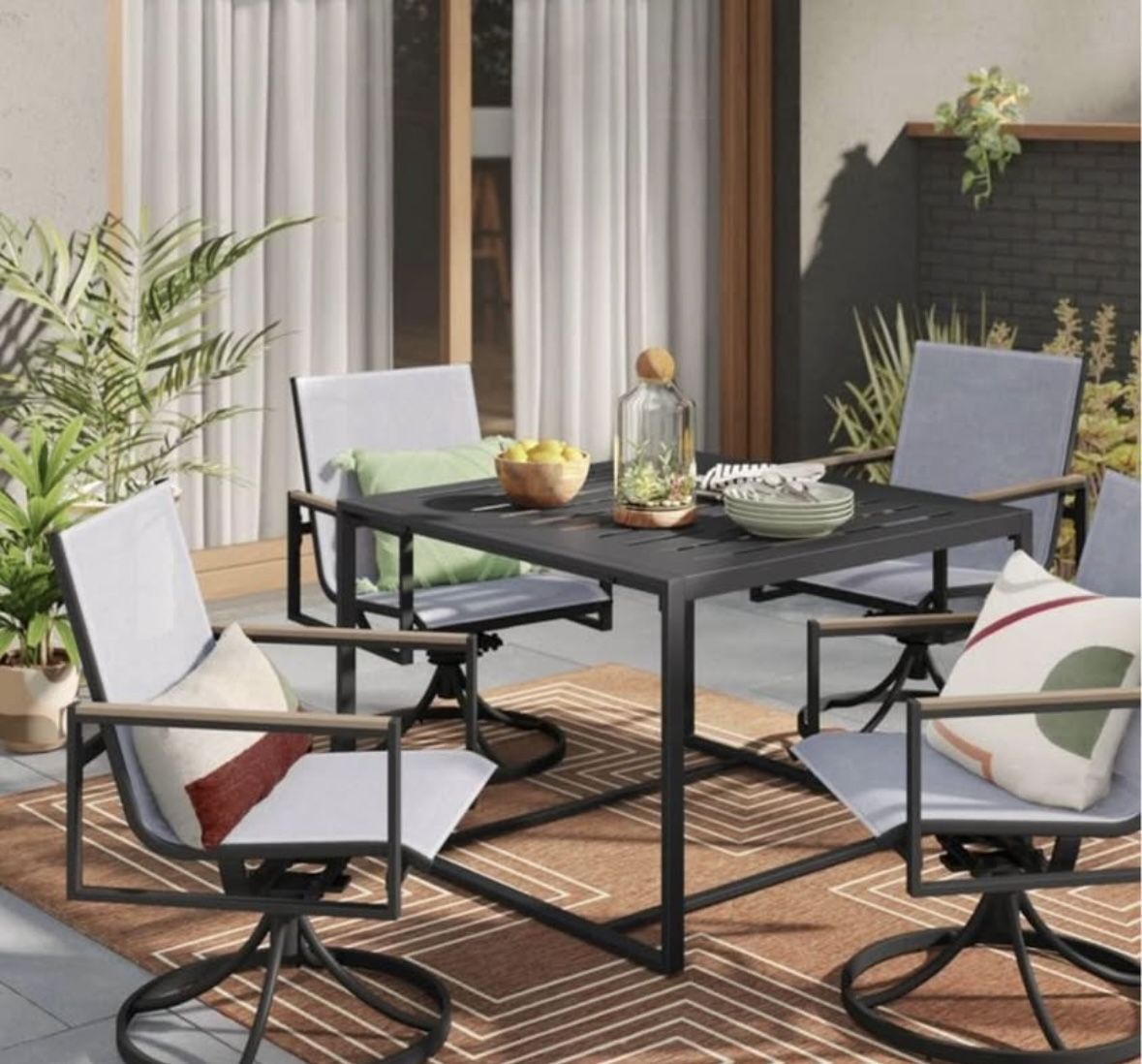 Black, Metal Rectangular Patio Table (+ Free Umbrella & Two Dining Chairs!)