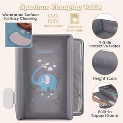  Baby Changing Table, Foldable Waterproof Diaper Changing Station w/Wheels, Adjustable Height, Storage Basket, Shelves & Trash Bin, Mobile Nursery Org