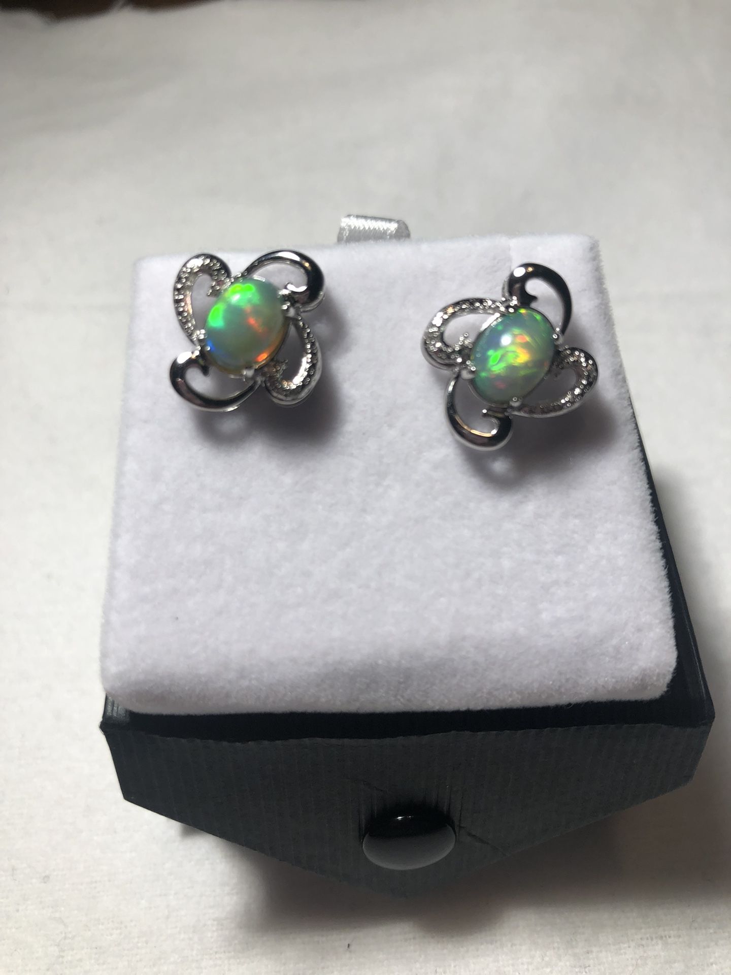 New Natural cabochon Opal and Natural diamond accent earrings