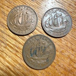 VF VERY FINE  1957, 1959 & 1963 GREAT BRITAIN ENGLISH 1/2 HALF PENNY CENT LOT