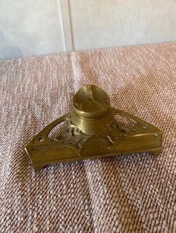 Antique Art Nouveau Brass Inkwell Desk Inkstand with Hinged Lid & Pen Tray