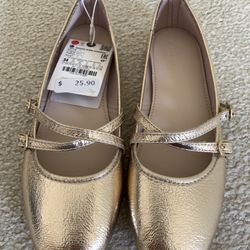 Zara Girl’s Gold Leather Shoes Size 2.5 New