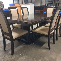 Dark Espresso / Beige Leather Dining Room Table Set