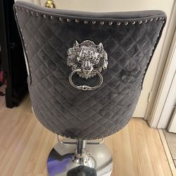 Gray Velvet Bar Stool with Lion Head